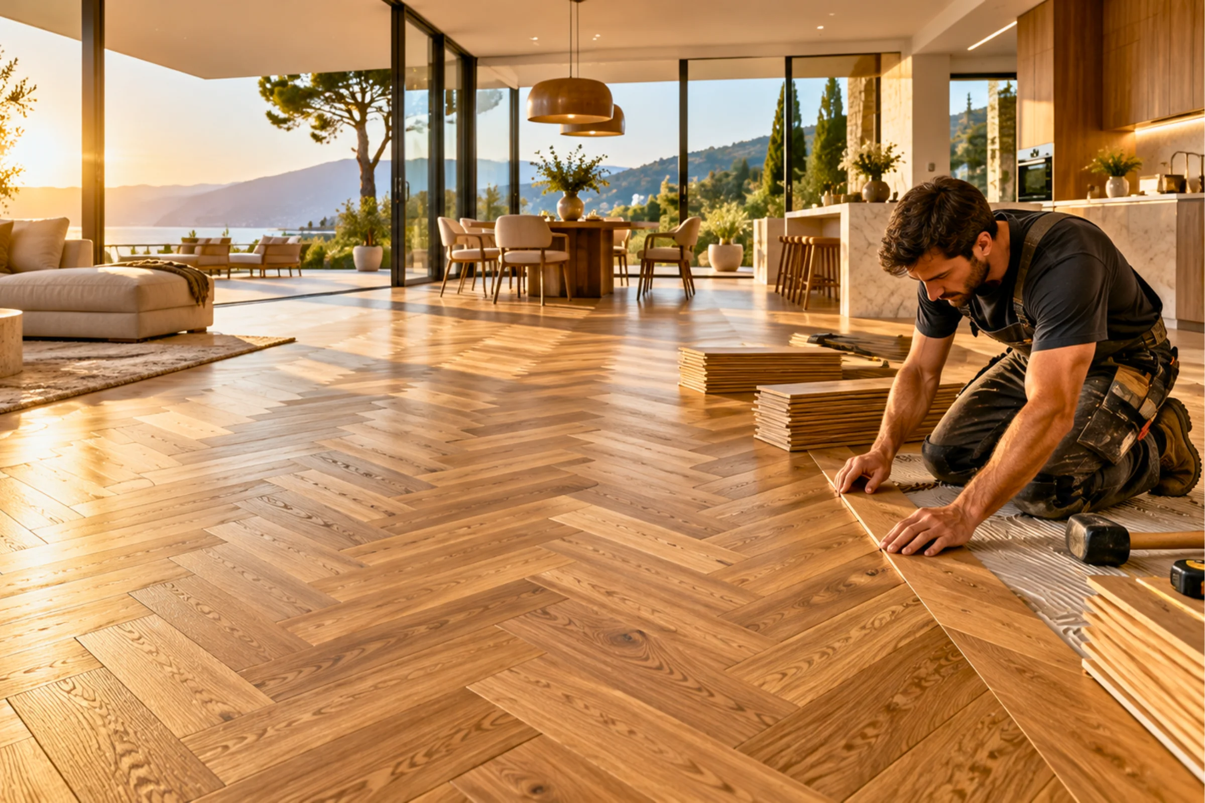 Warm contemporary interior showcasing a wood flooring finish